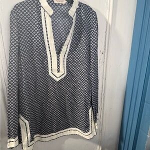 Tory Burch Tunic Top Size 8 Blue White Print Cotton Cover-Up